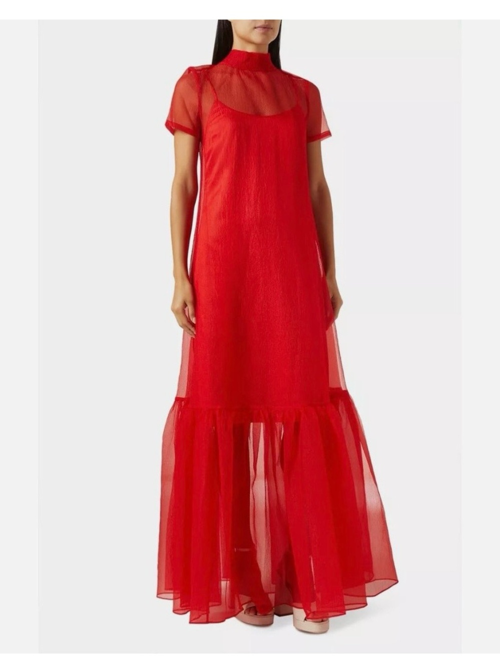 STAUD Red Sheer Maxi Dress with Flounced Hem - Picture 2 of 8